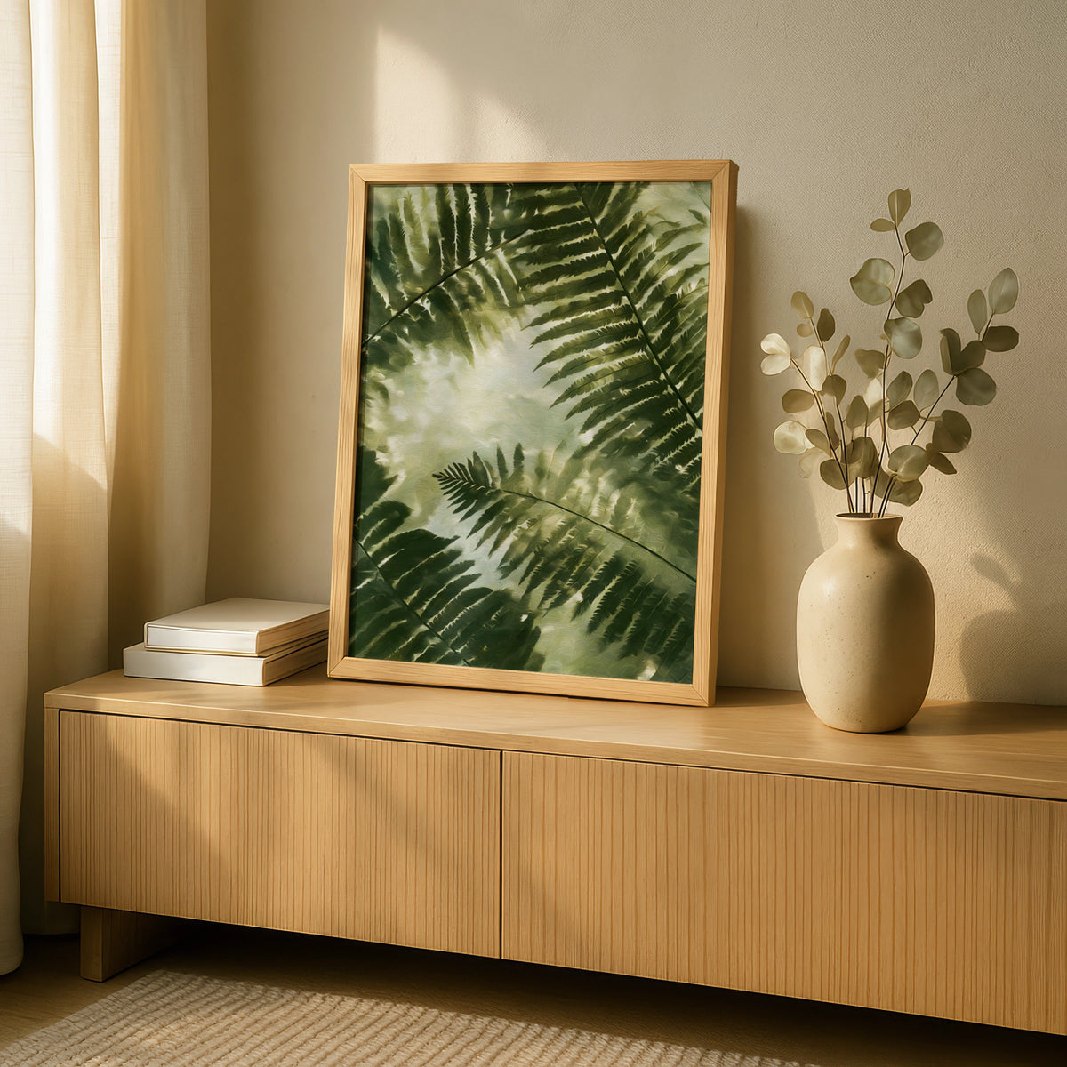 Giant Fern Leaves Poster, Botanical Green Wall Art, Filtered Sunlight Nature Poster
