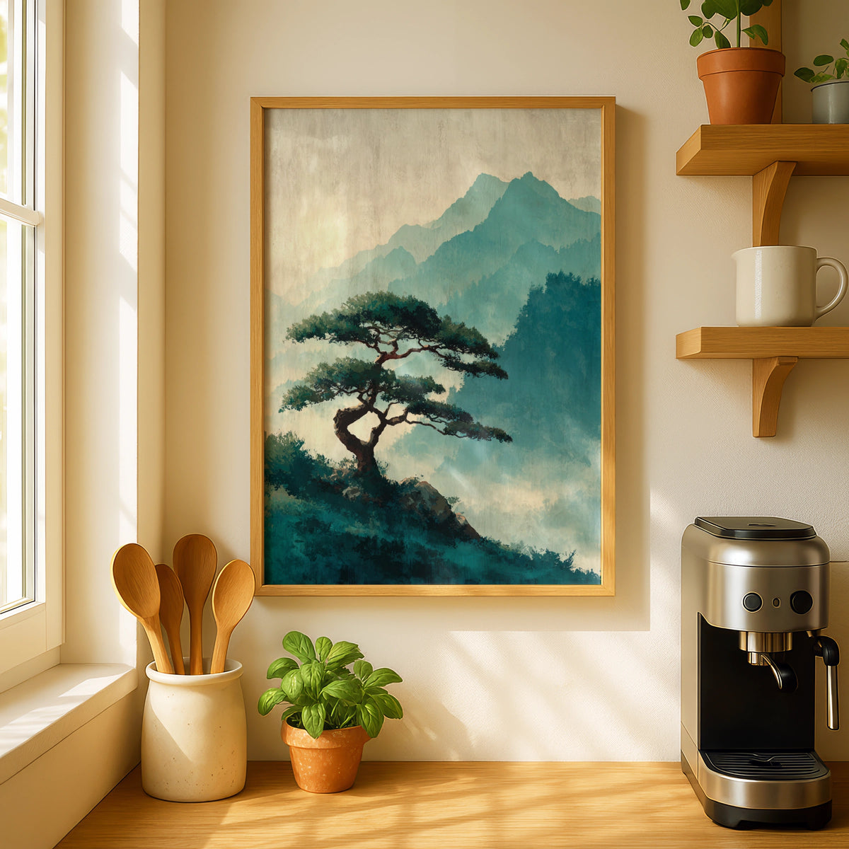 Japanese Pine Tree Poster, Misty Mountain Wall Art, Teal Nature Landscape, Zen Asian Decor