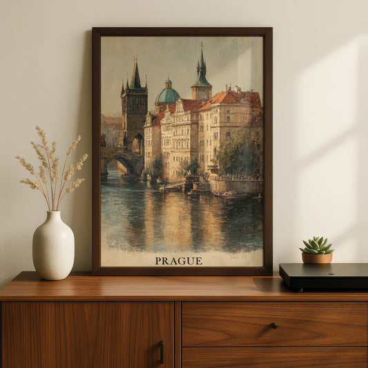 Prague Vintage Travel Poster, Historic Skyline Wall Art, Czech Republic City Decor