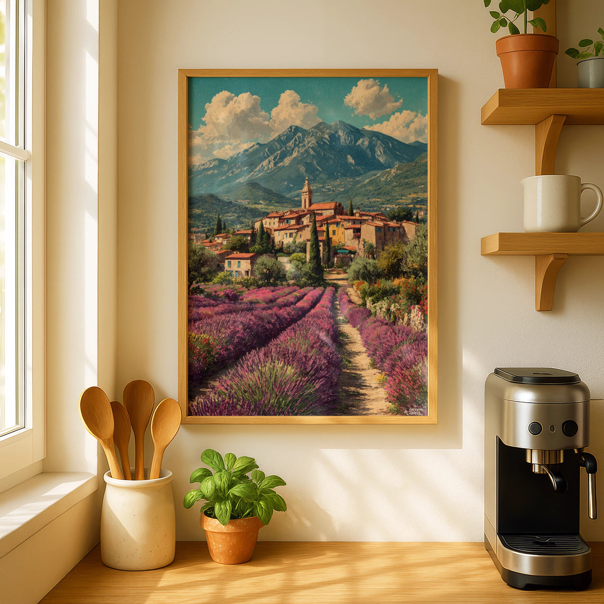 Provence Lavender Field Poster, Vintage French Village Travel Wall Art, France