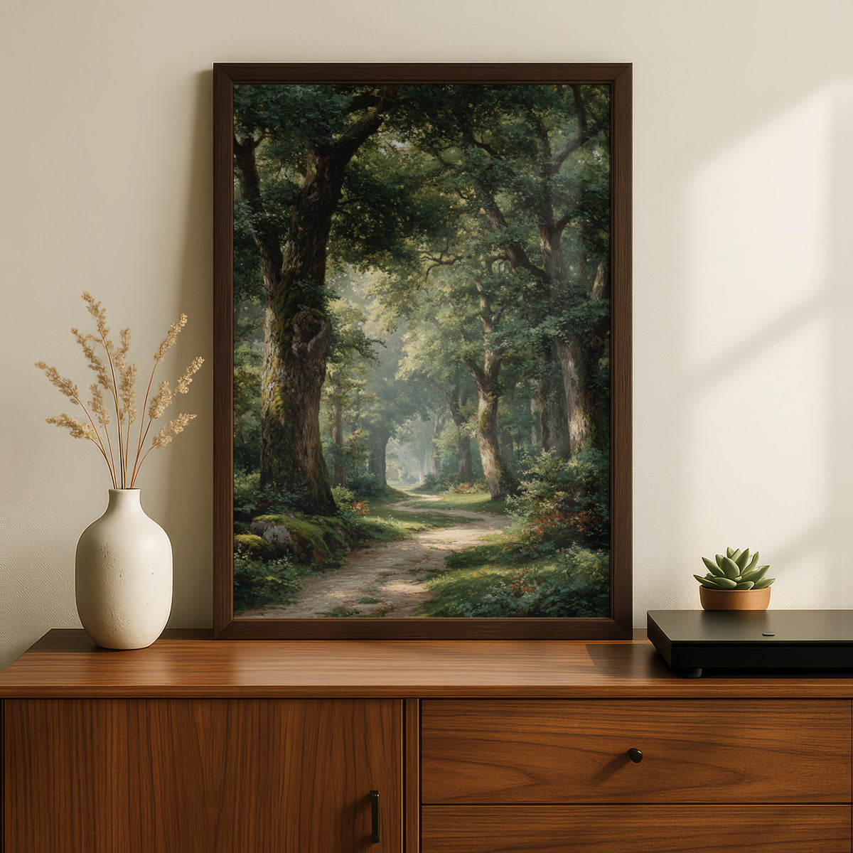 Forest Pathway Poster, Peaceful Woodland Wall Art, Ancient Trees Nature Poster, Green