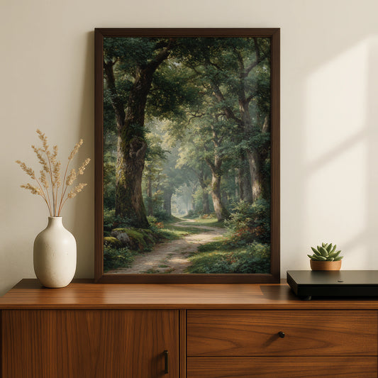 Forest Pathway Poster, Peaceful Woodland Wall Art, Ancient Trees Nature Poster, Green