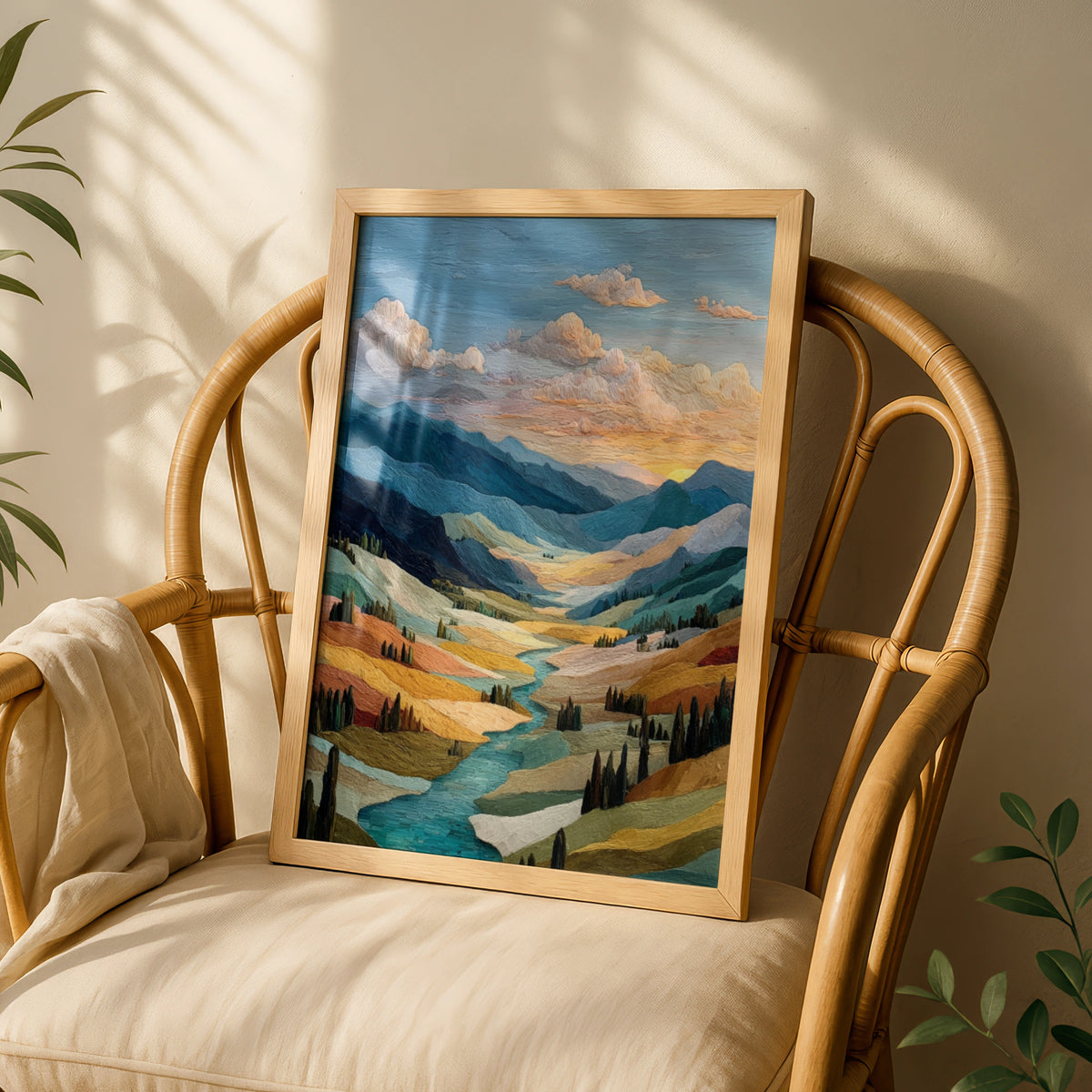 Valley Landscape Poster, Golden Sunset Mountain River Wall Art, Semi-Abstract Nature
