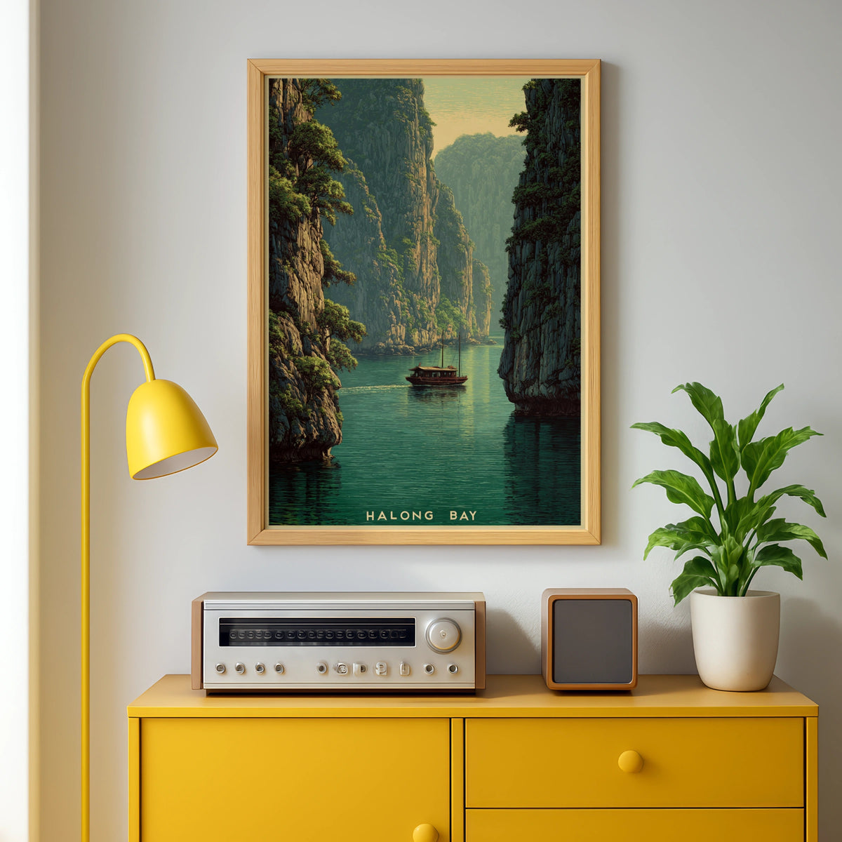 Halong Bay Vietnam Vintage Travel Poster, Retro Junk Boat Wall Art, Teal Green