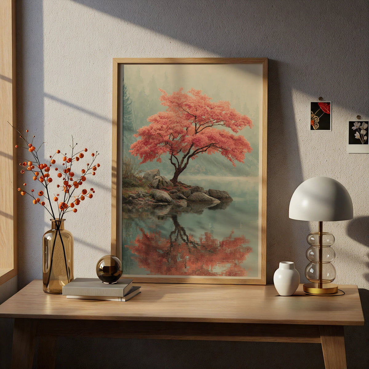 Japanese Maple Tree Poster, Elegant Nature Wall Art, Misty Lake Reflection, Red Autumn Decor