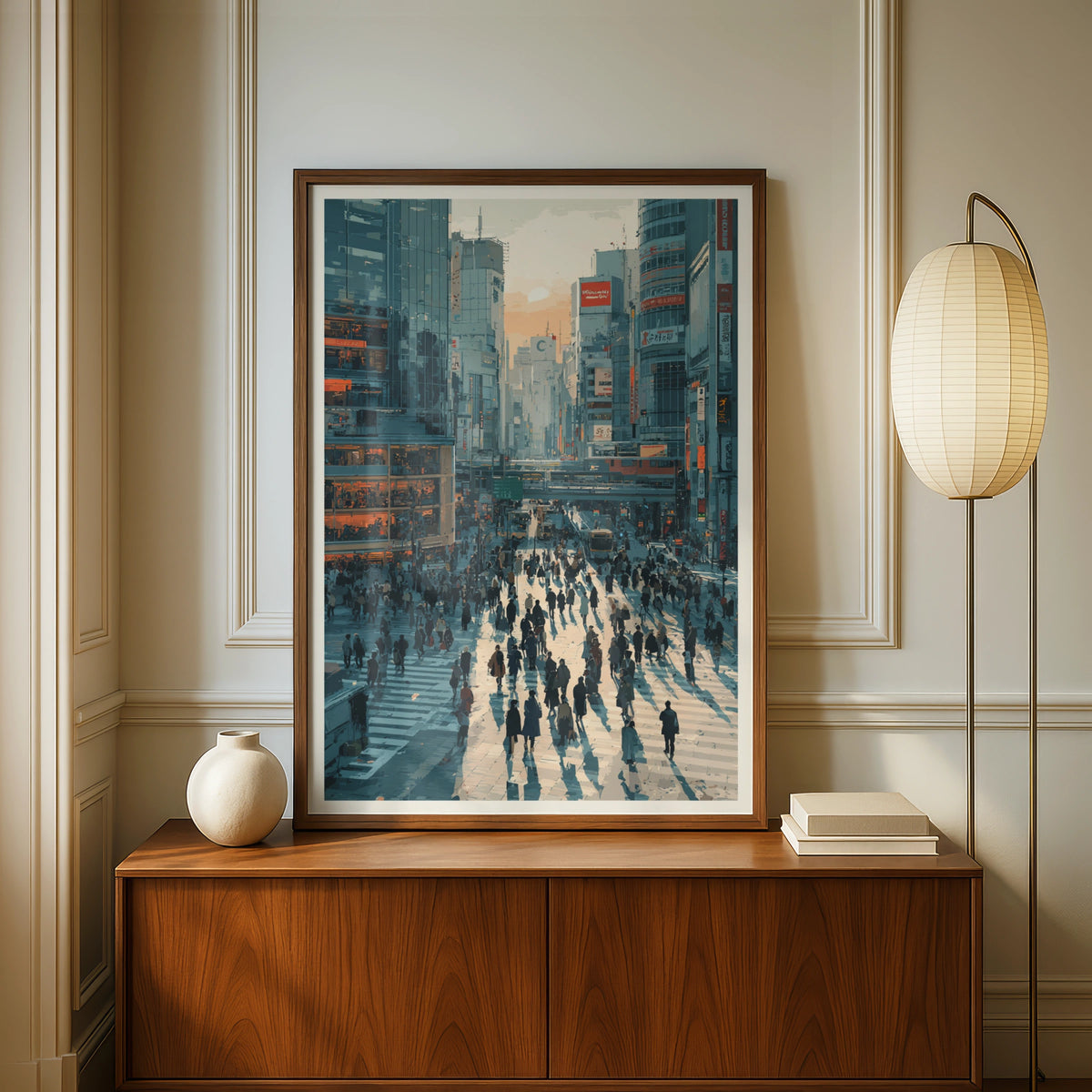 Tokyo Street Scene Poster, Modern Japanese City Art, Urban Wall Art, Blue Orange Cityscape