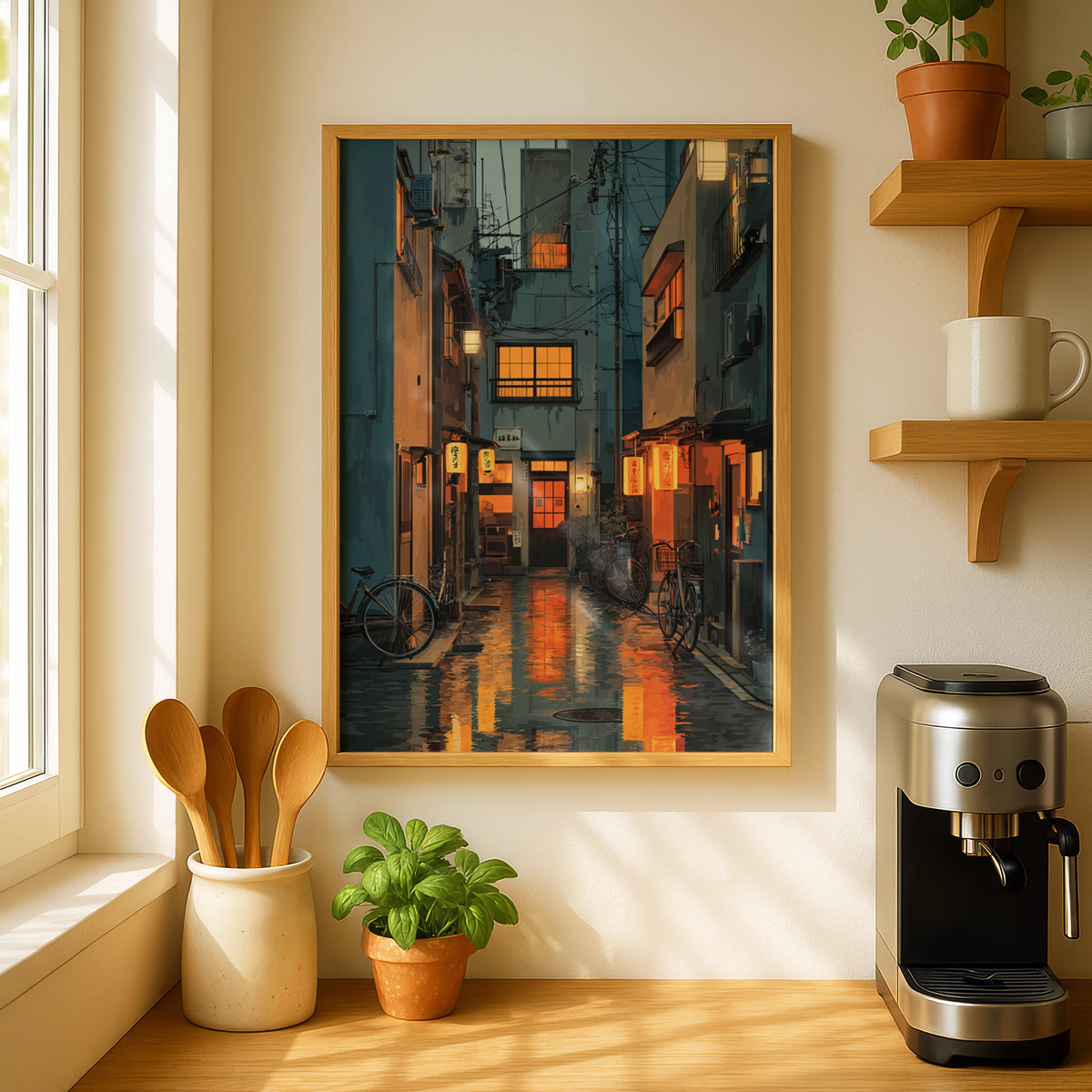 Tokyo Side Street Poster, Japanese Alley Night Art, Lantern Glow Urban Wall Decor