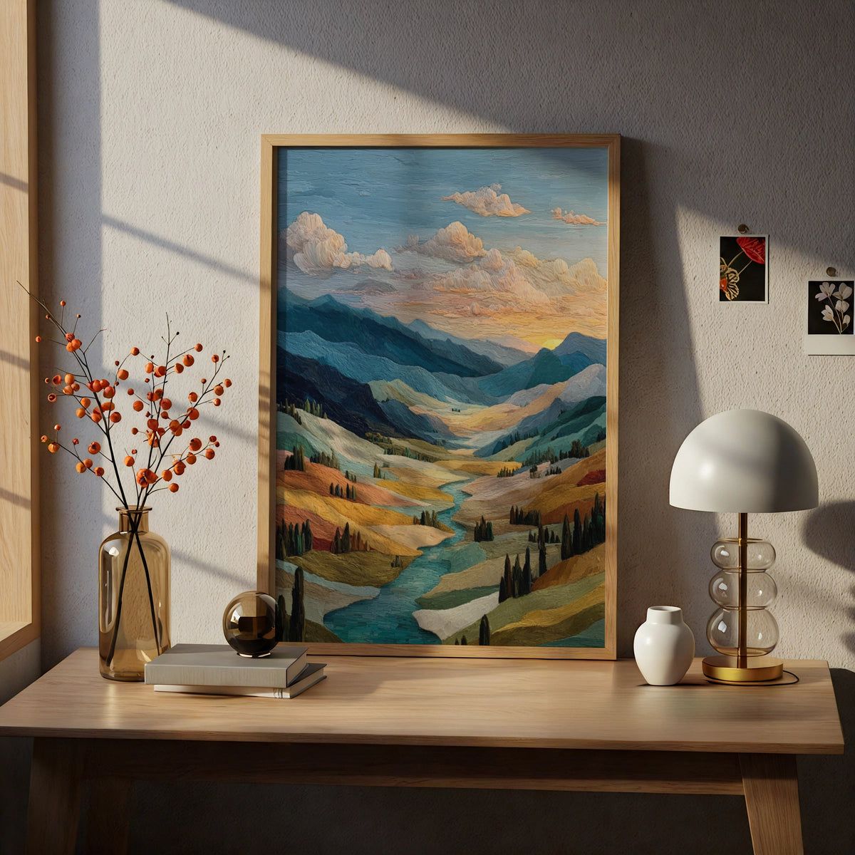 Valley Landscape Poster, Golden Sunset Mountain River Wall Art, Semi-Abstract Nature