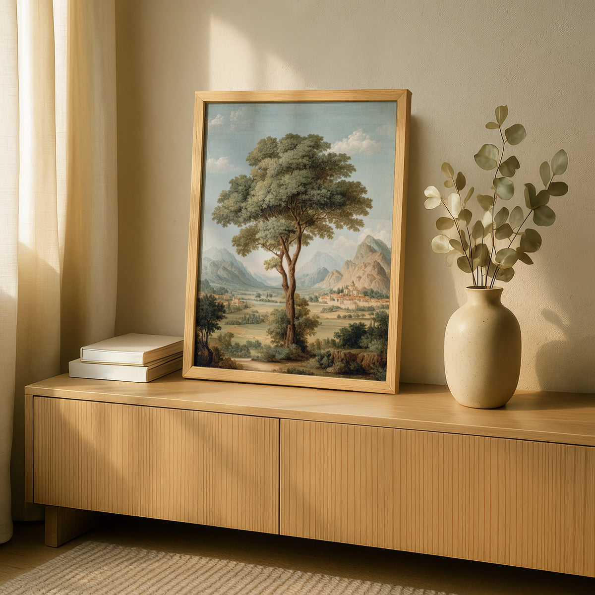 Ancient Tree Mountain Valley Poster, Classic European Landscape Art, Nature Wall Decor