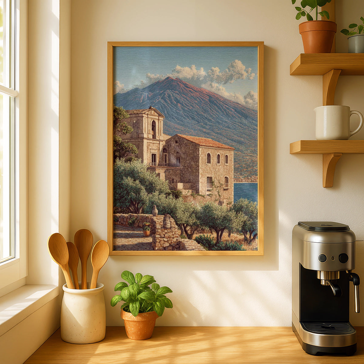 Sicily Travel Poster, Mount Etna Fine Art, Italian Village Wall Art, Mediterranean Decor