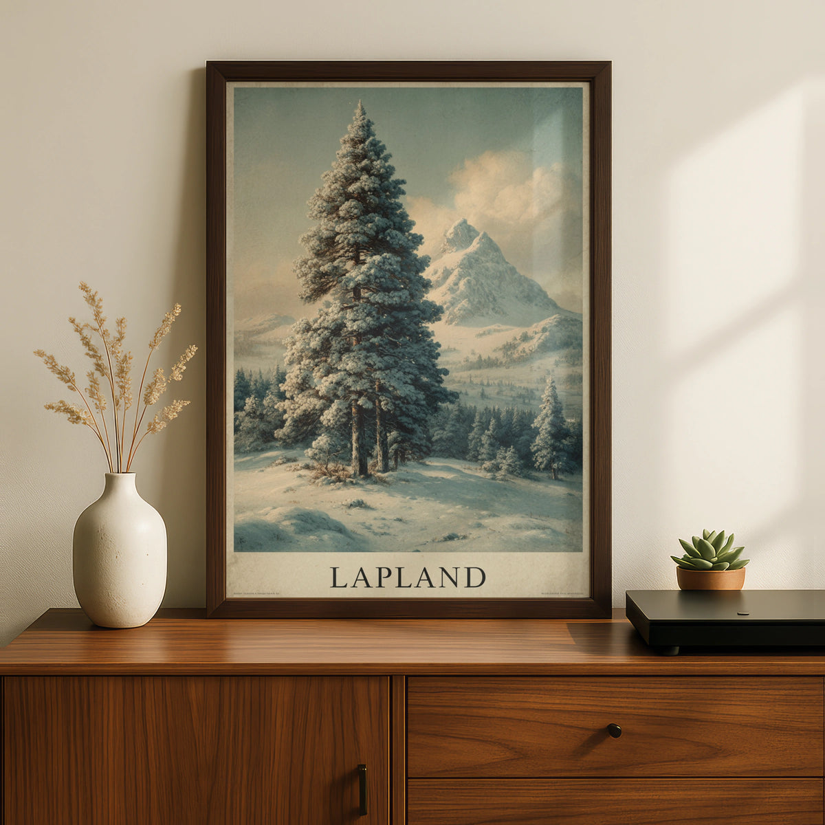 Finnish Lapland Vintage Travel Poster, Winter Snow Pine Tree Mountain Wall Art
