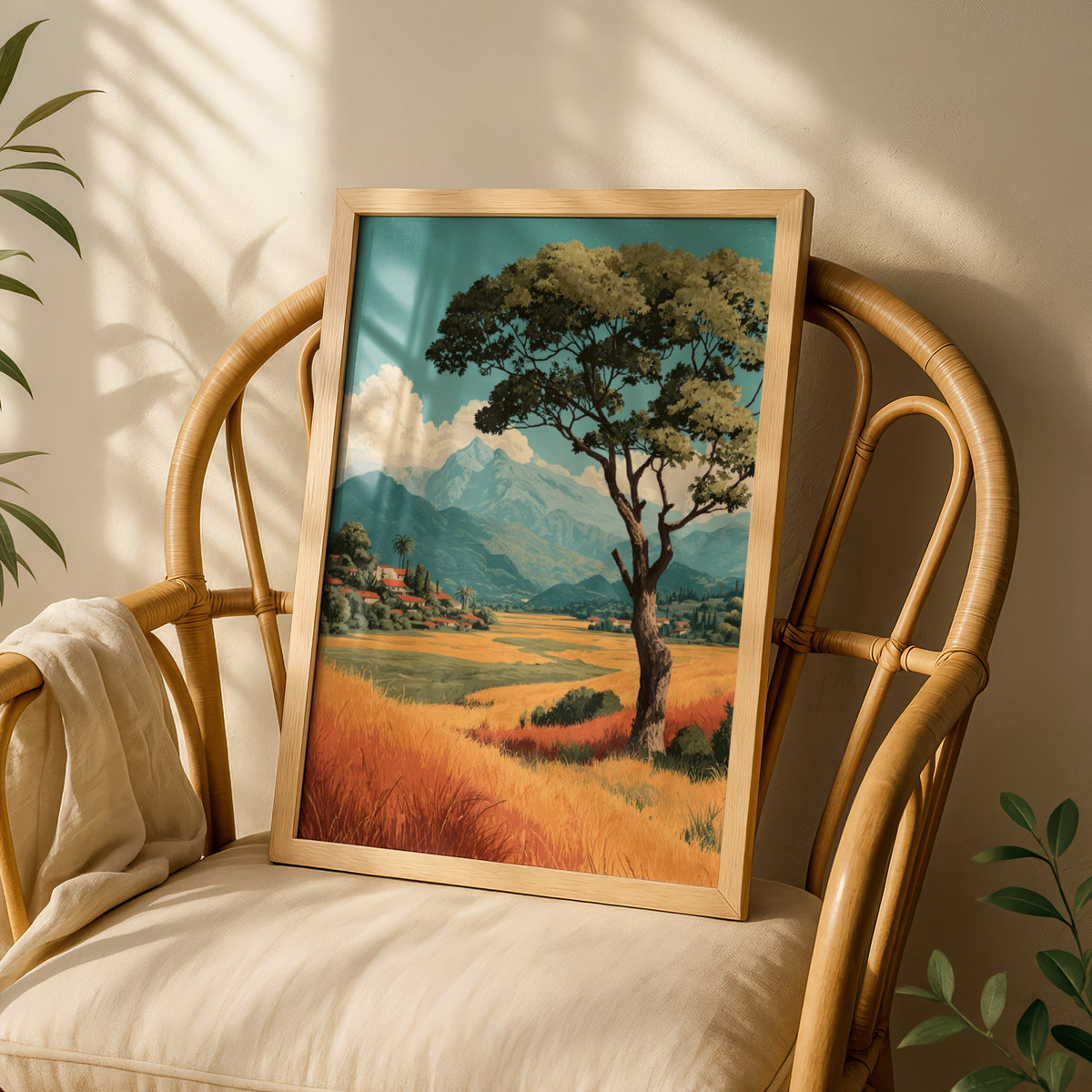 Vintage European Countryside Landscape Poster, Solitary Tree Nature Wall Art, Rustic Village