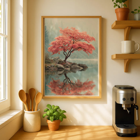 Japanese Maple Tree Poster, Elegant Nature Wall Art, Misty Lake Reflection, Red Autumn Decor