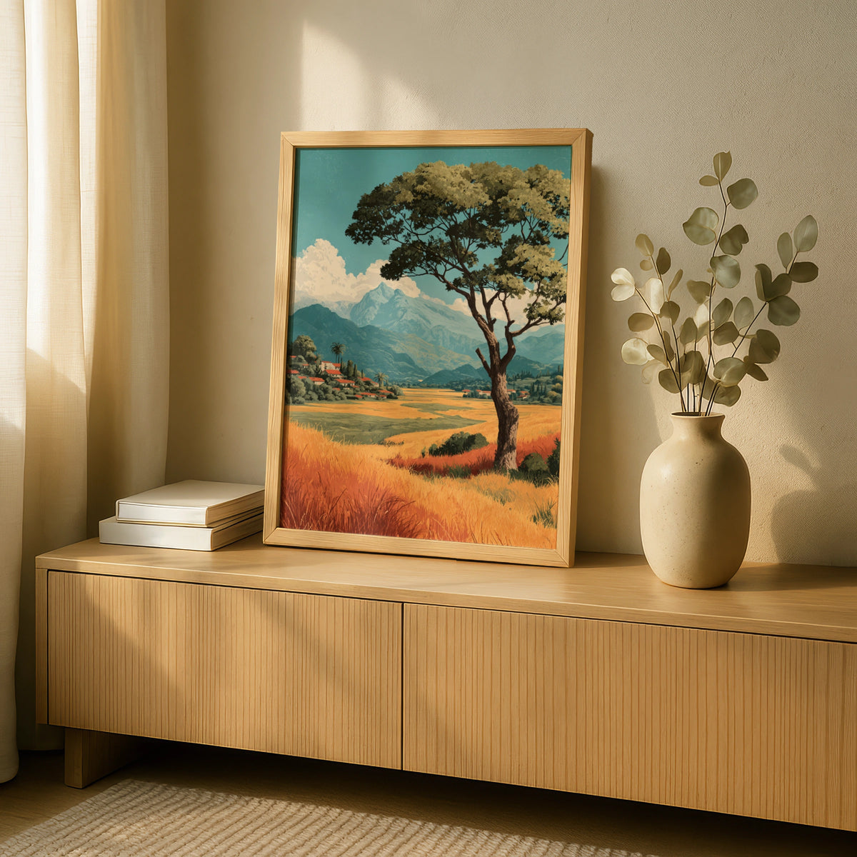 Vintage European Countryside Landscape Poster, Solitary Tree Nature Wall Art, Rustic Village