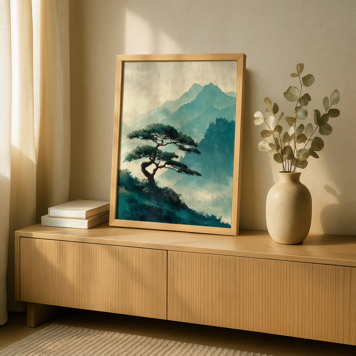 Japanese Pine Tree Poster, Misty Mountain Wall Art, Teal Nature Landscape, Zen Asian Decor