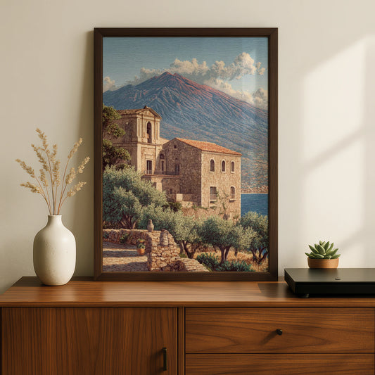 Sicily Travel Poster, Mount Etna Fine Art, Italian Village Wall Art, Mediterranean Decor