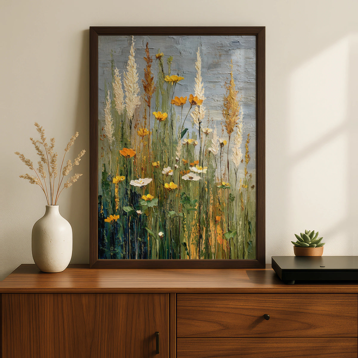 Wild Meadow Poster, Yellow Wildflowers Wall Art, Botanical Grass Semi-Abstract Nature Poster