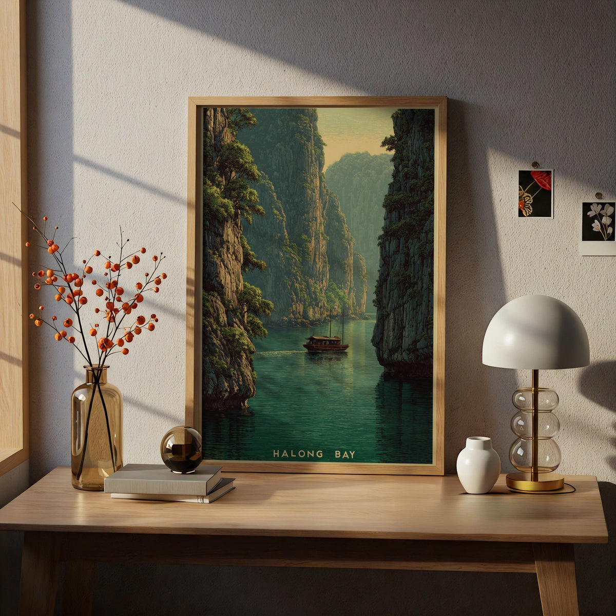 Halong Bay Vietnam Vintage Travel Poster, Retro Junk Boat Wall Art, Teal Green