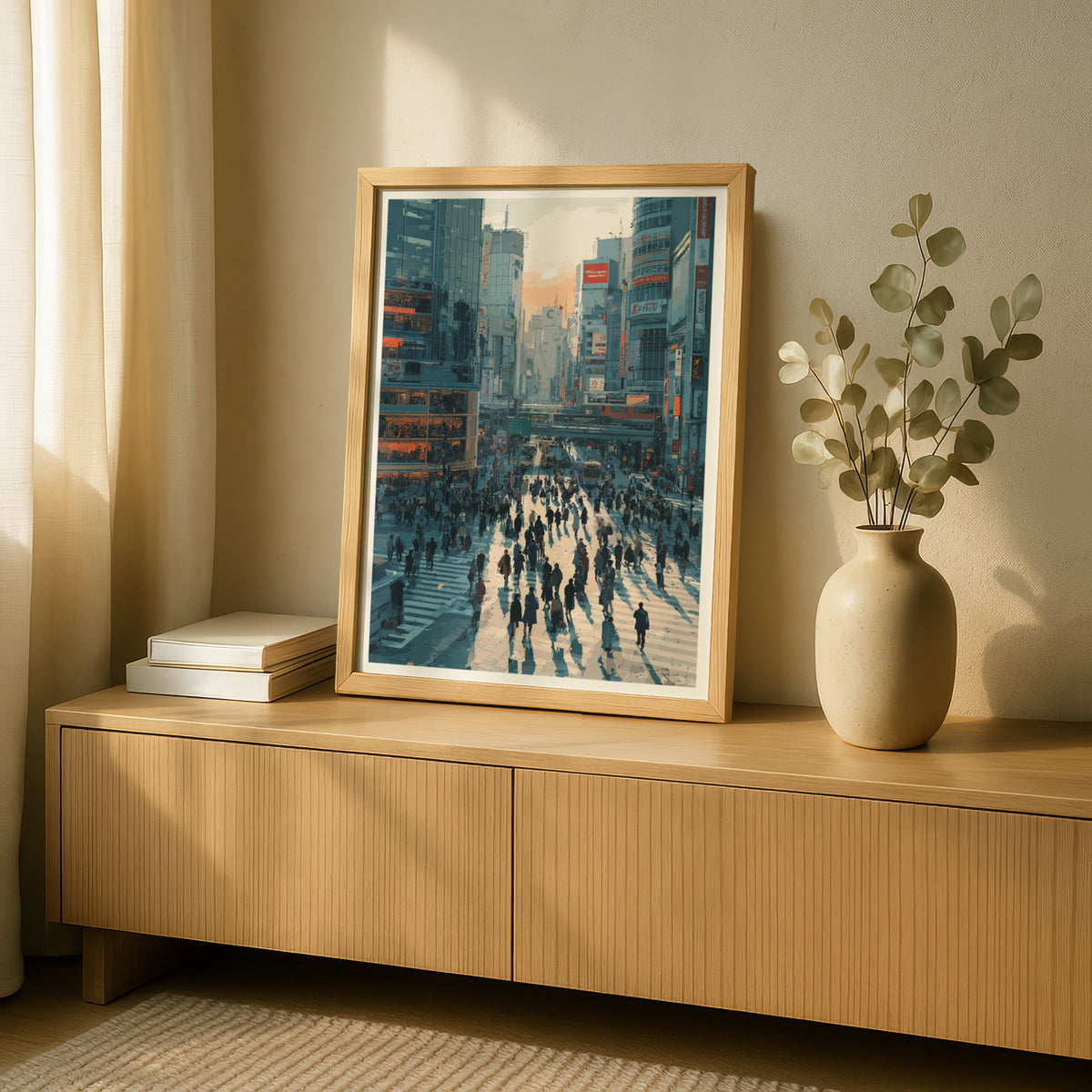Tokyo Street Scene Poster, Modern Japanese City Art, Urban Wall Art, Blue Orange Cityscape