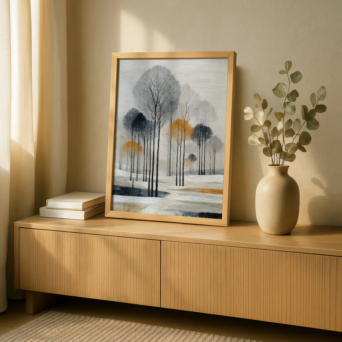 Winter Landscape Poster, Minimalist Tree Art, Grey Gold Wall Decor, Snowy Forest