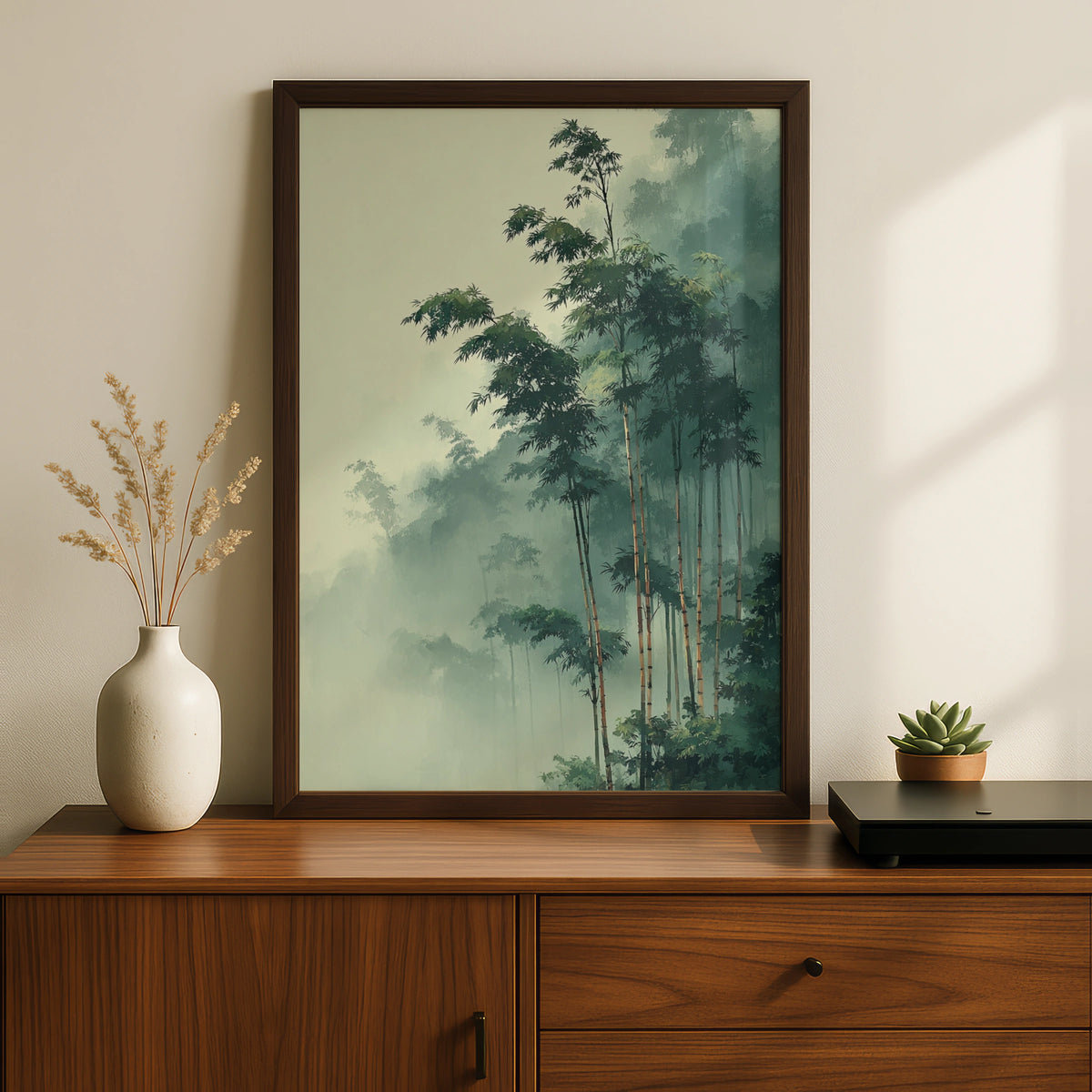 Japanese Bamboo Forest Poster, Misty Green Nature Wall Art, Botanical Zen Decor