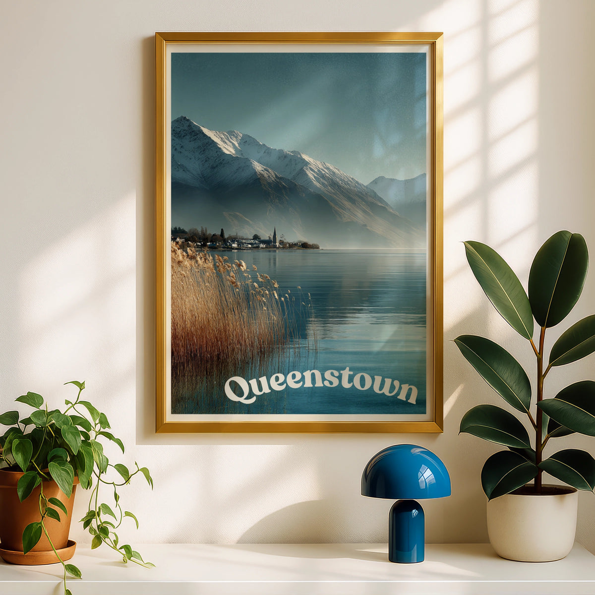 Queenstown New Zealand Poster, Minimalist Travel Wall Art, Lake Mountain Decor