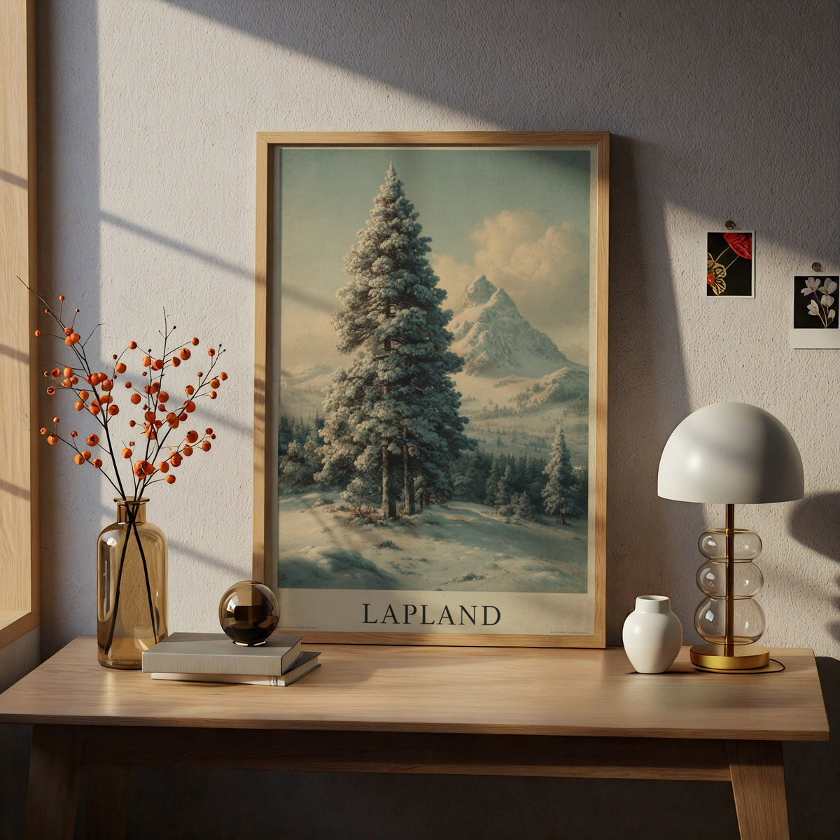 Finnish Lapland Vintage Travel Poster, Winter Snow Pine Tree Mountain Wall Art
