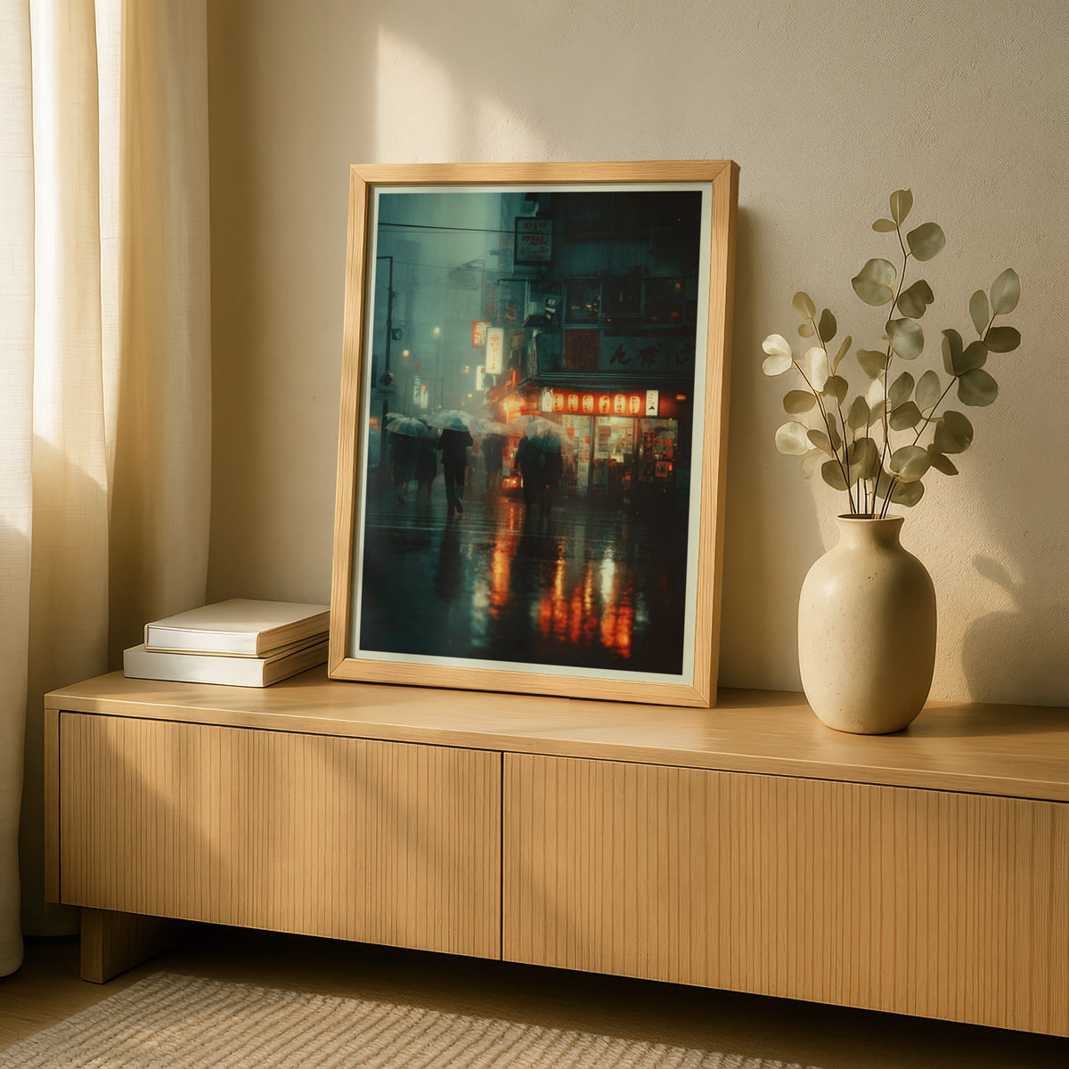 Tokyo Rain Street Scene Poster, Japanese Urban Art, Neon Lights, Moody City Wall Art