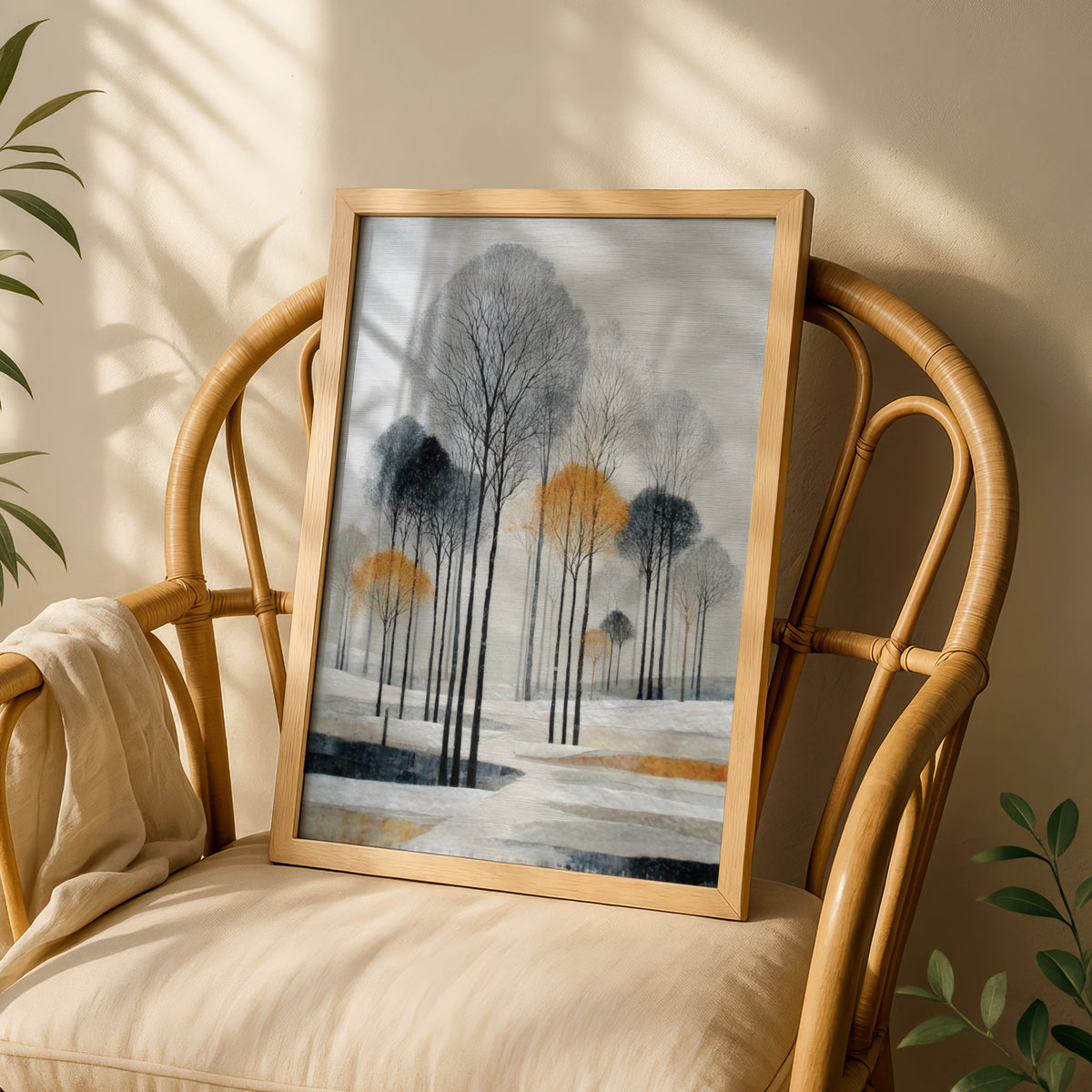 Winter Landscape Poster, Minimalist Tree Art, Grey Gold Wall Decor, Snowy Forest