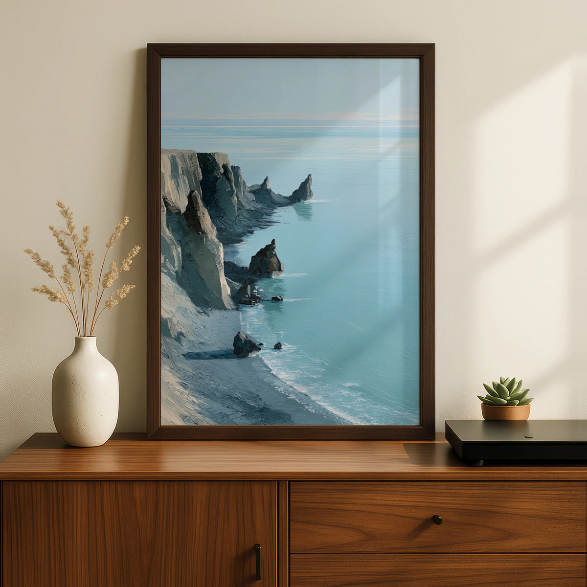 Rocky Coastline Poster, Turquoise Sea Cliff Wall Art, Minimalist Coastal Landscape Painting - COUNTY HOUSE SIGNS