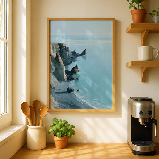 Rocky Coastline Poster, Turquoise Sea Cliff Wall Art, Minimalist Coastal Landscape Painting - COUNTY HOUSE SIGNS