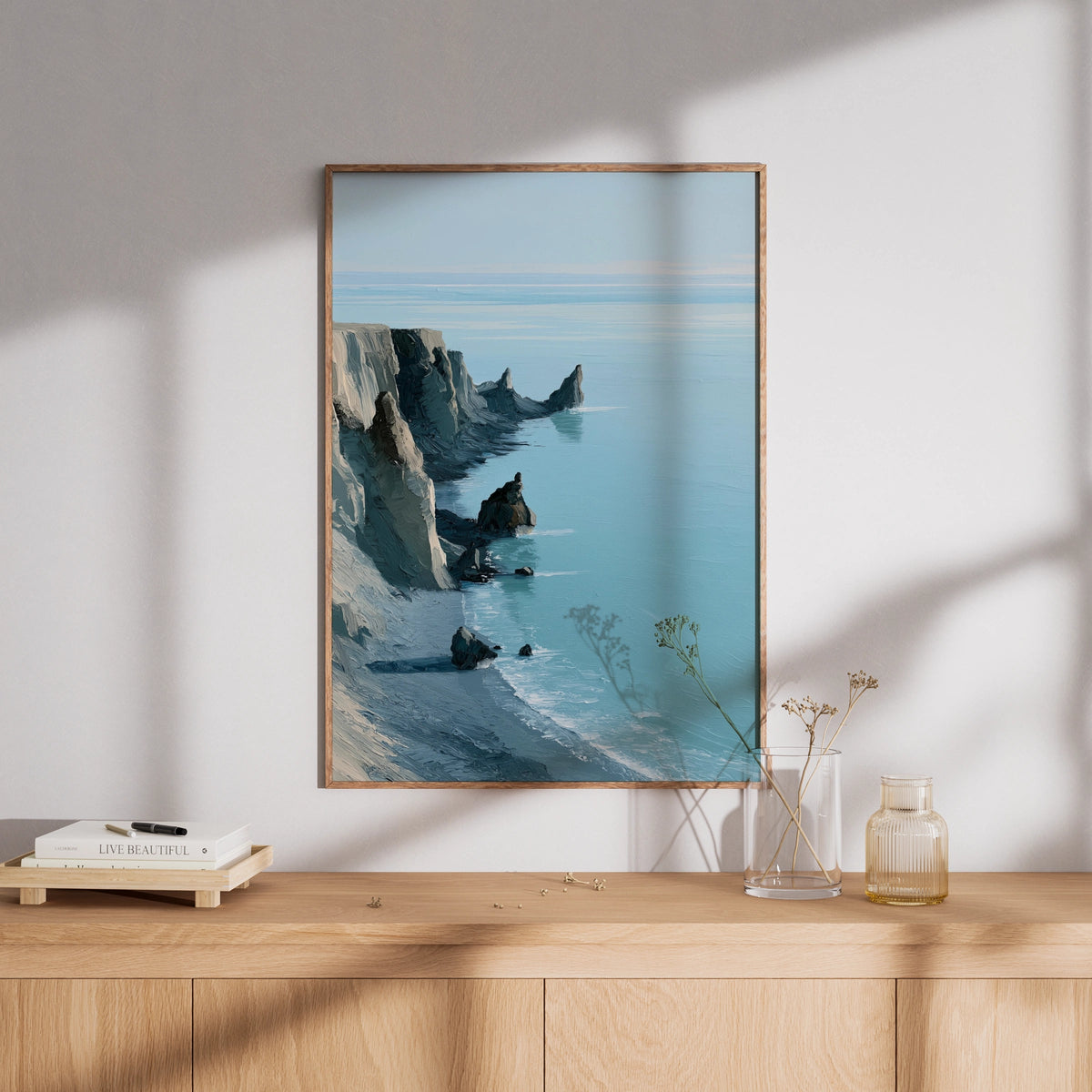 Rocky Coastline Poster, Turquoise Sea Cliff Wall Art, Minimalist Coastal Landscape Painting - COUNTY HOUSE SIGNS