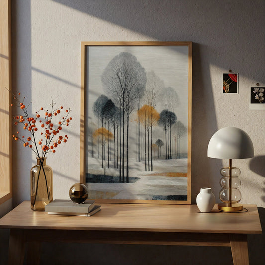 Winter Landscape Poster, Minimalist Tree Art, Grey Gold Wall Decor, Snowy Forest - COUNTY HOUSE SIGNS