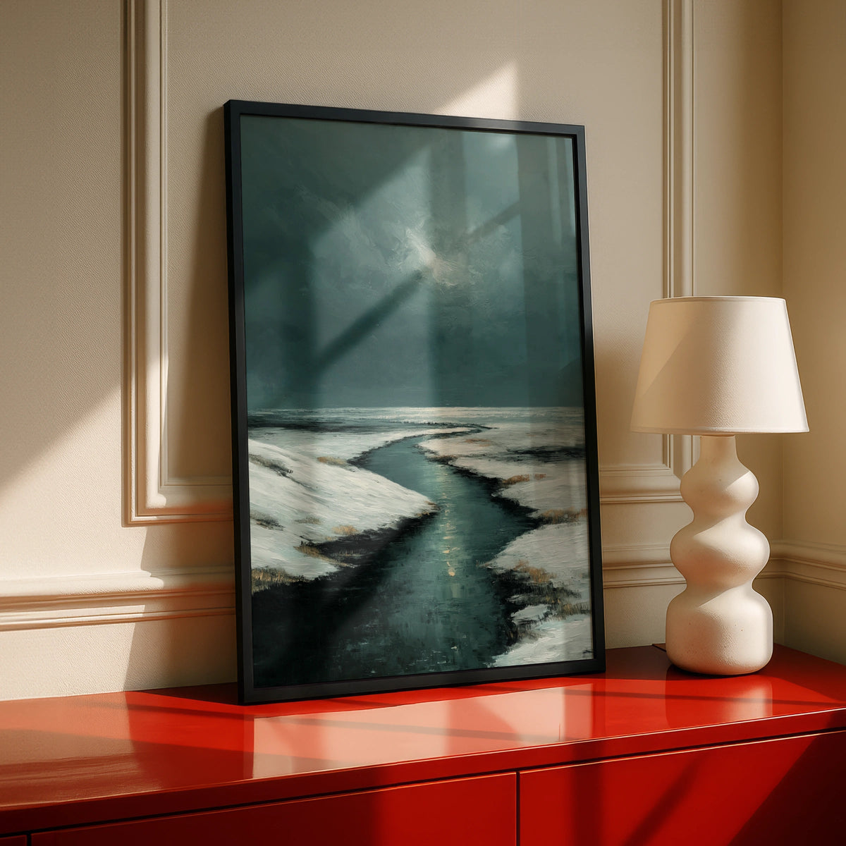 Winter River Landscape Poster, Snowy Nordic Wall Art, Moody Teal Charcoal Painting Style - COUNTY HOUSE SIGNS