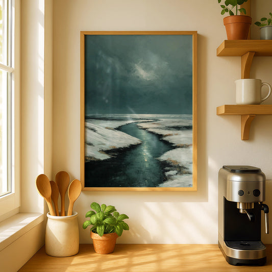 Winter River Landscape Poster, Snowy Nordic Wall Art, Moody Teal Charcoal Painting Style - COUNTY HOUSE SIGNS