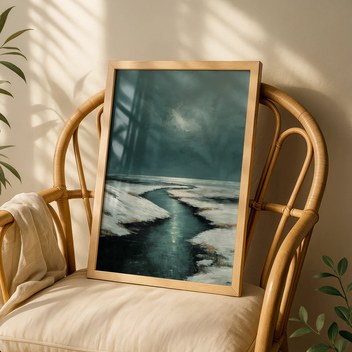 Winter River Landscape Poster, Snowy Nordic Wall Art, Moody Teal Charcoal Painting Style - COUNTY HOUSE SIGNS