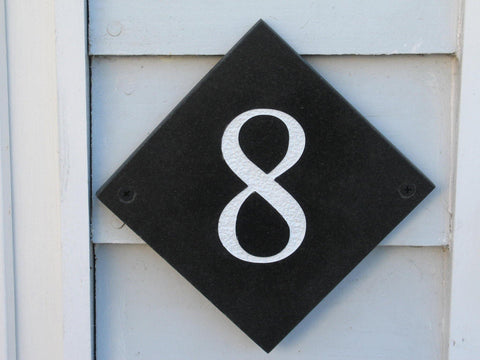 Slate house number diamond shape (H)100mm x (W)100mm (4"x4") using Times New Roman font -Free artwork-Free delivery-Free plugs & screws - COUNTY HOUSE SIGNS