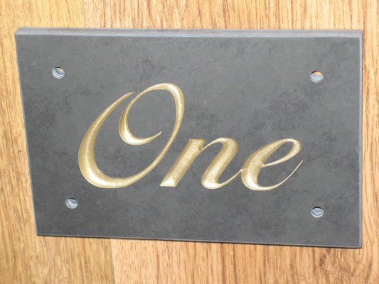  Slate house sign with house number One on a 150mm x 100mm x using Liffey Script font on grey slate with gold paint